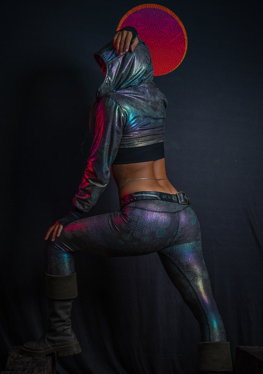 Crop Hoodie Woman / Holoographic Dots Rainbow Flatrib - MYCELIUM