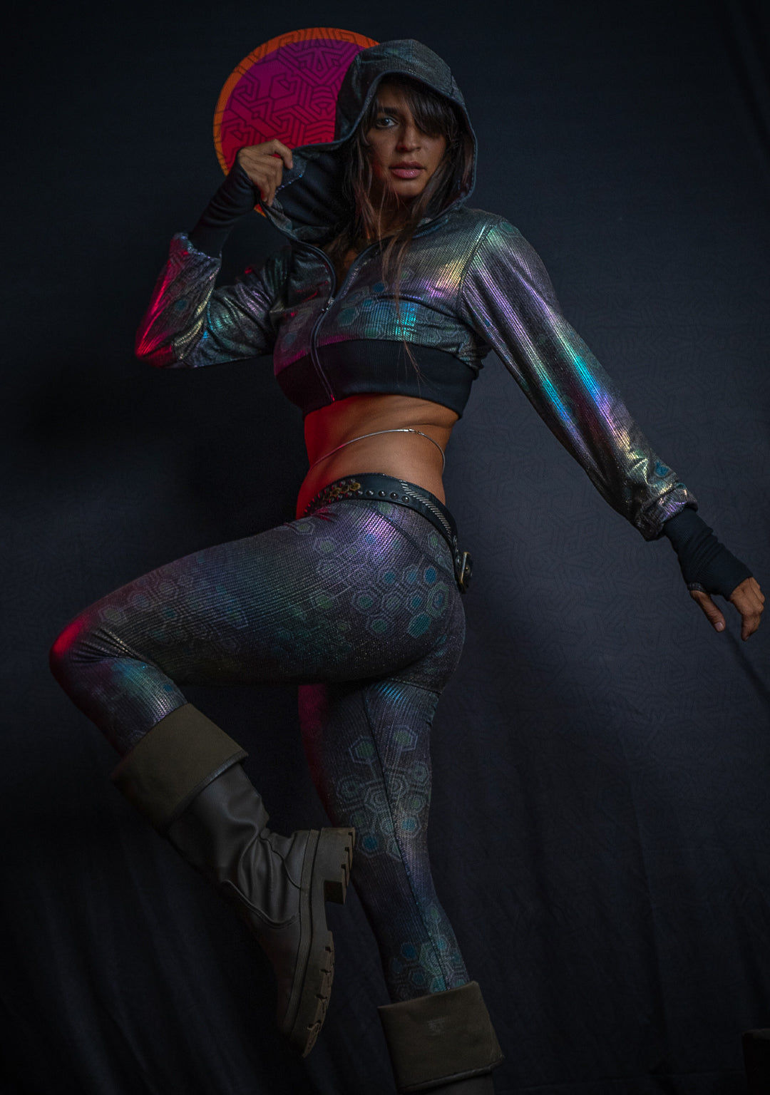 Crop Hoodie Woman / Holoographic Dots Rainbow Flatrib - MYCELIUM