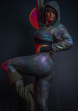 Hoodie Woman /  CROP HOOD - Holoographic Dots Rainbow Flatrib MYCELIUM