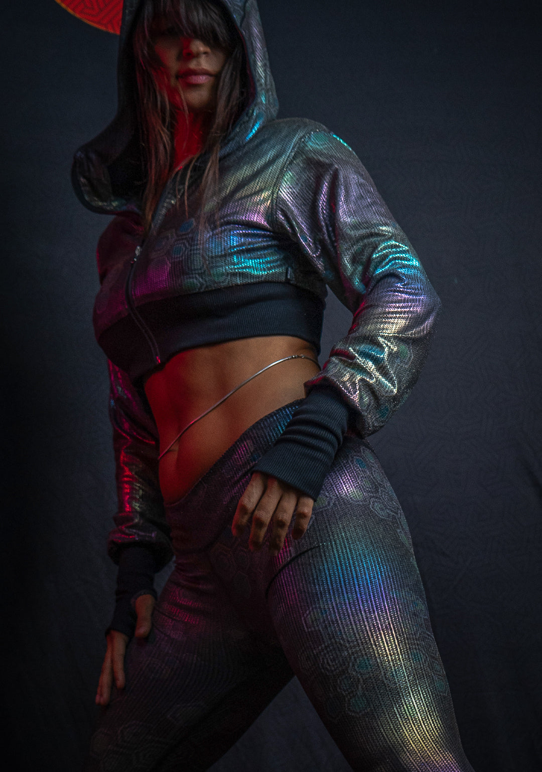 Crop Hoodie Woman / Holoographic Dots Rainbow Flatrib - MYCELIUM