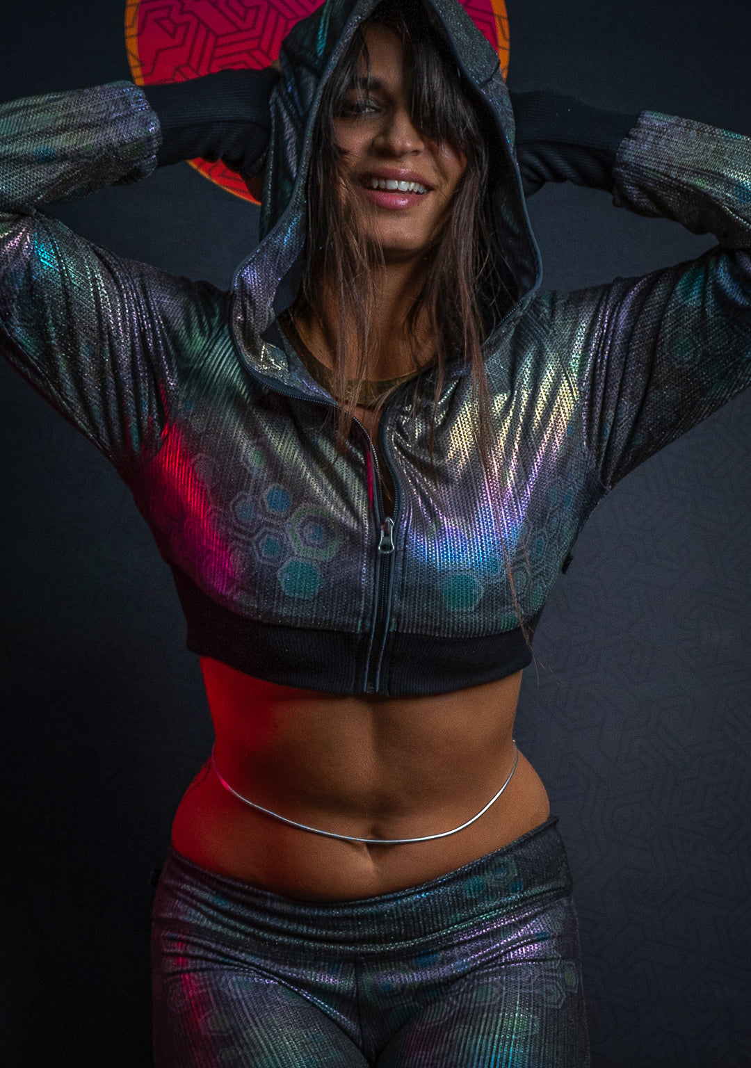 Crop Hoodie Woman / Holoographic Dots Rainbow Flatrib - MYCELIUM