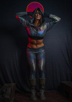 Crop Hoodie Woman / Holoographic Dots Rainbow Flatrib - MYCELIUM