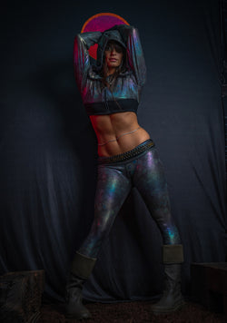 Hoodie Woman /  CROP HOOD - Holoographic Dots Rainbow Flatrib MYCELIUM