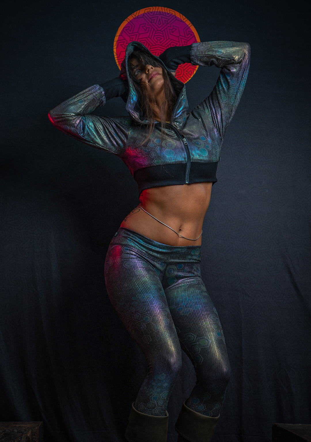 Crop Hoodie Woman / Holoographic Dots Rainbow Flatrib - MYCELIUM