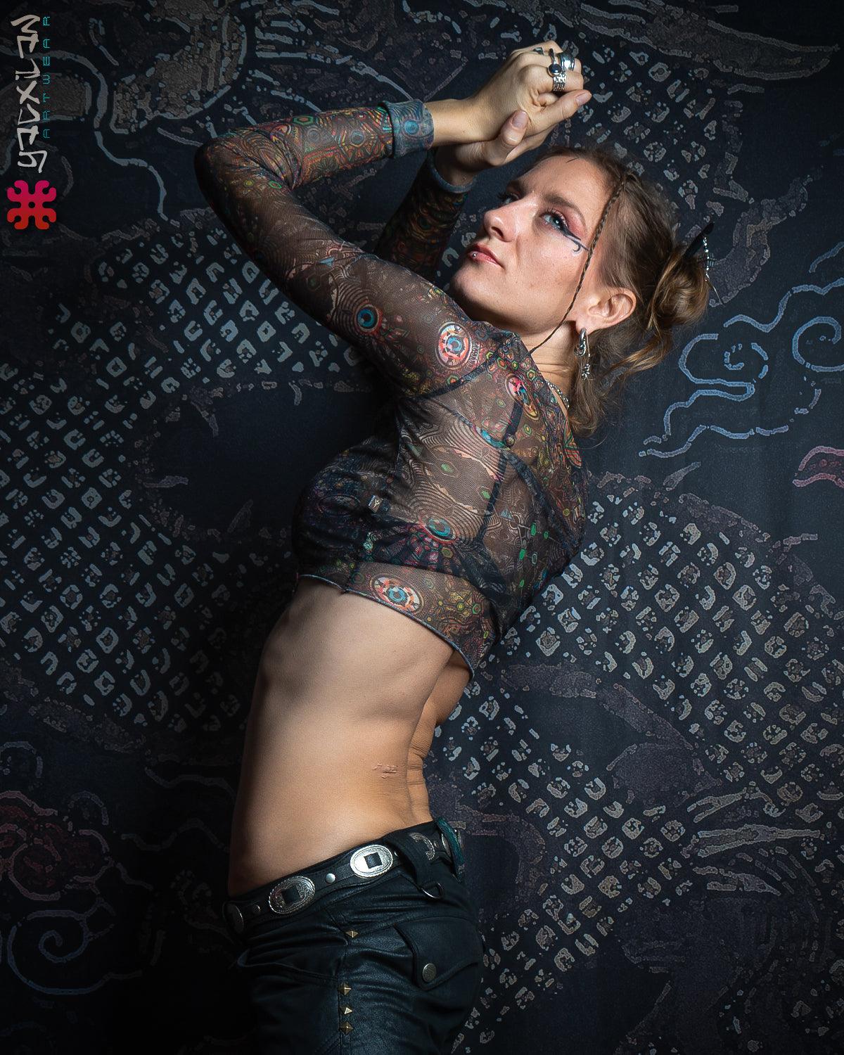 Crop-Top Woman / Longsleeve Soft Mesh -PSYCHEDELIKA GALACTIKA - Yacxilan Artwear