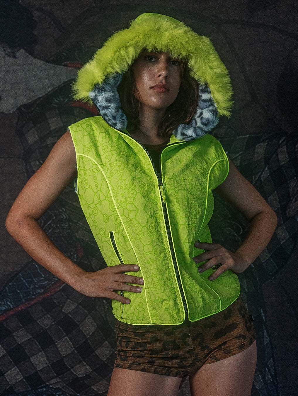 Hooded Sleeveless Jacket / Nylon Printed - Flouro SHAMANKA White