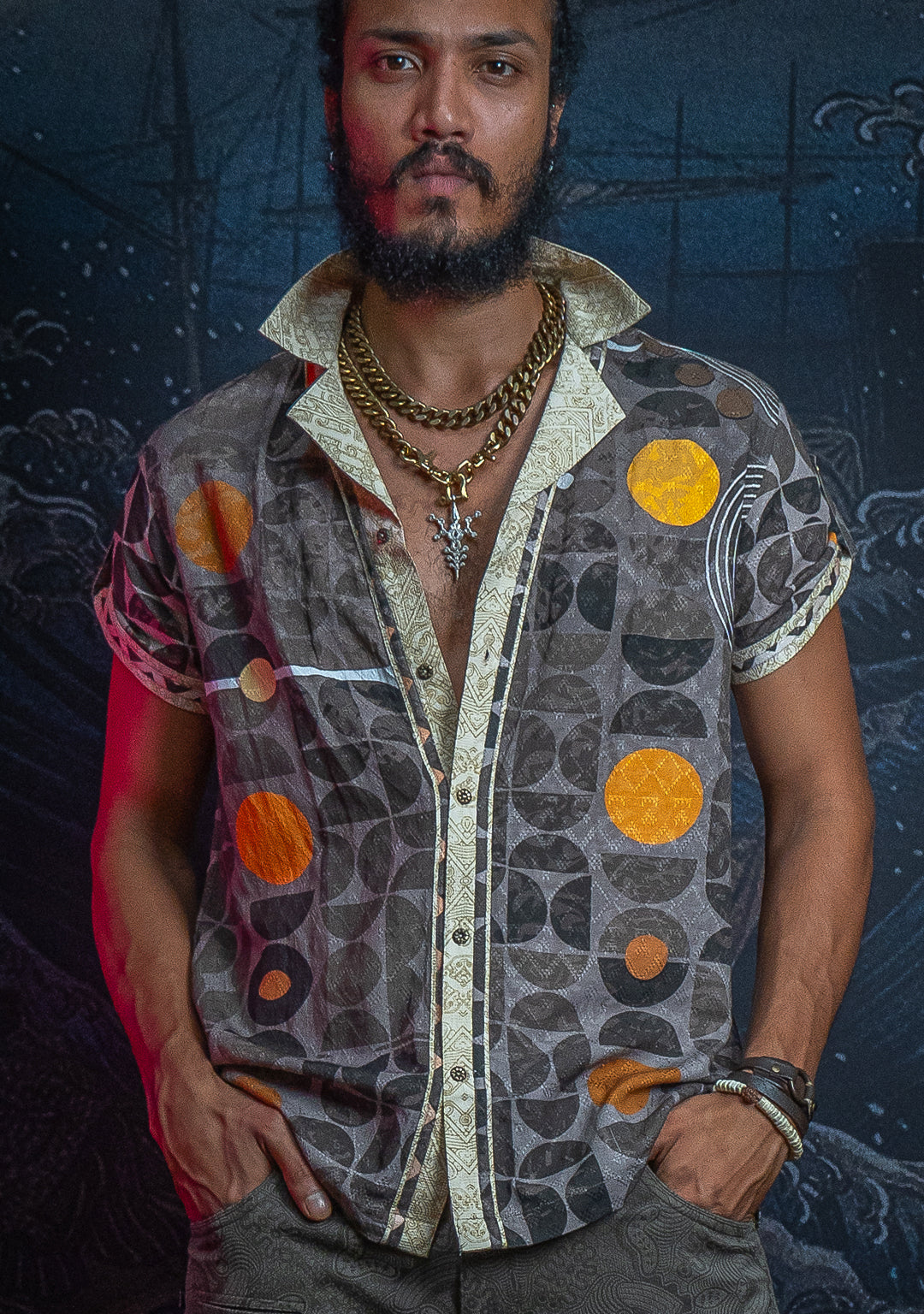 Shirt Men Half Sleeves / Organic Bio Farms Linen Jaquard - KINGCACAO Mayaz