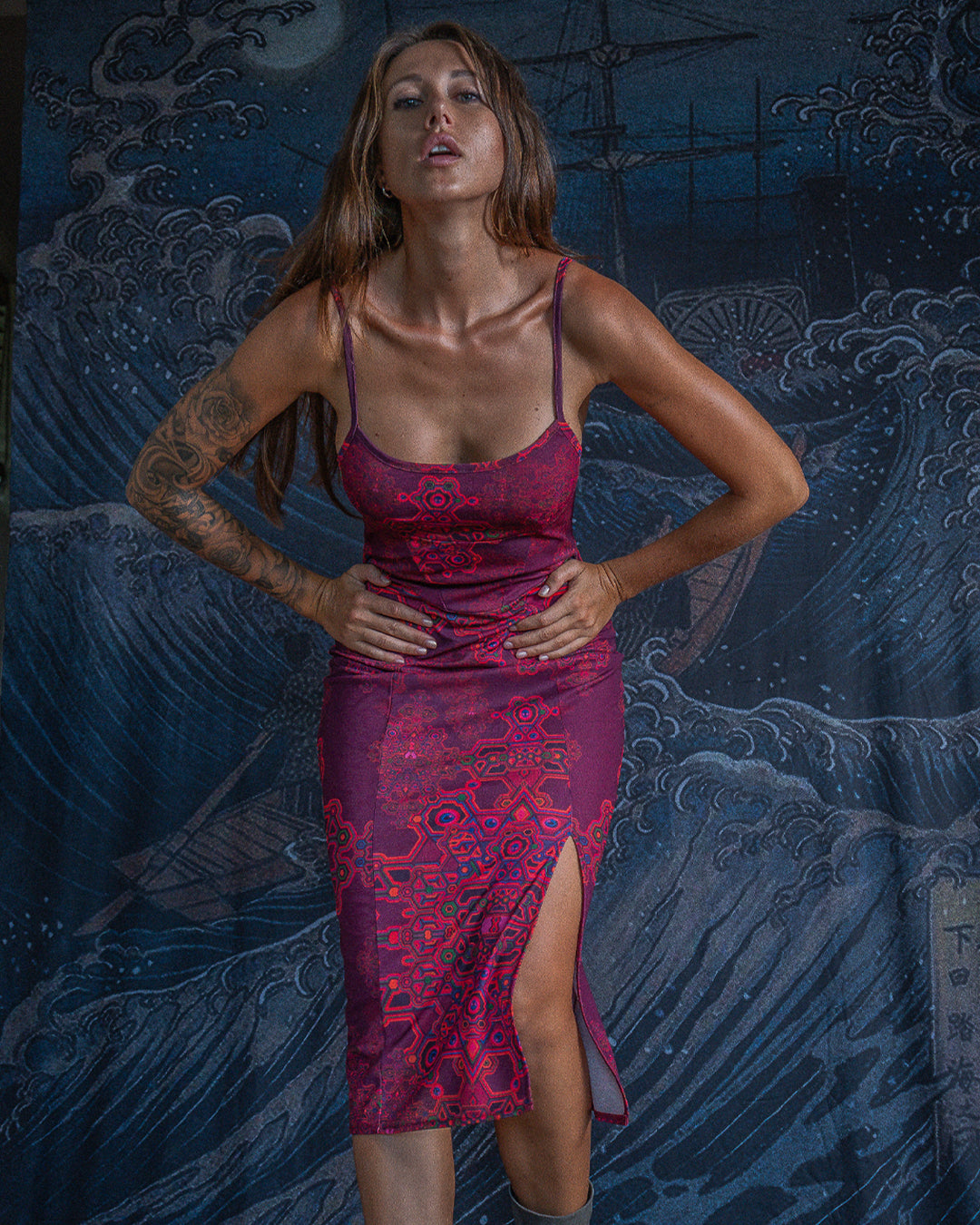 Midi Dress / Straps Slant Golden Knits - PINK DEMETRIO