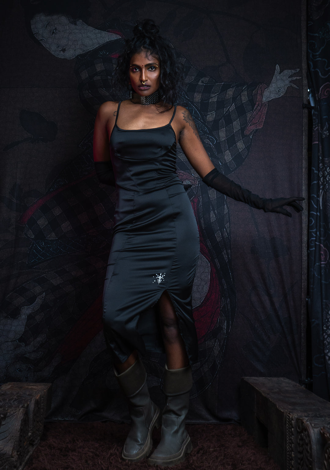 Midi Dress / Straps Slant Stretchy Satin - O'BLACKNESS