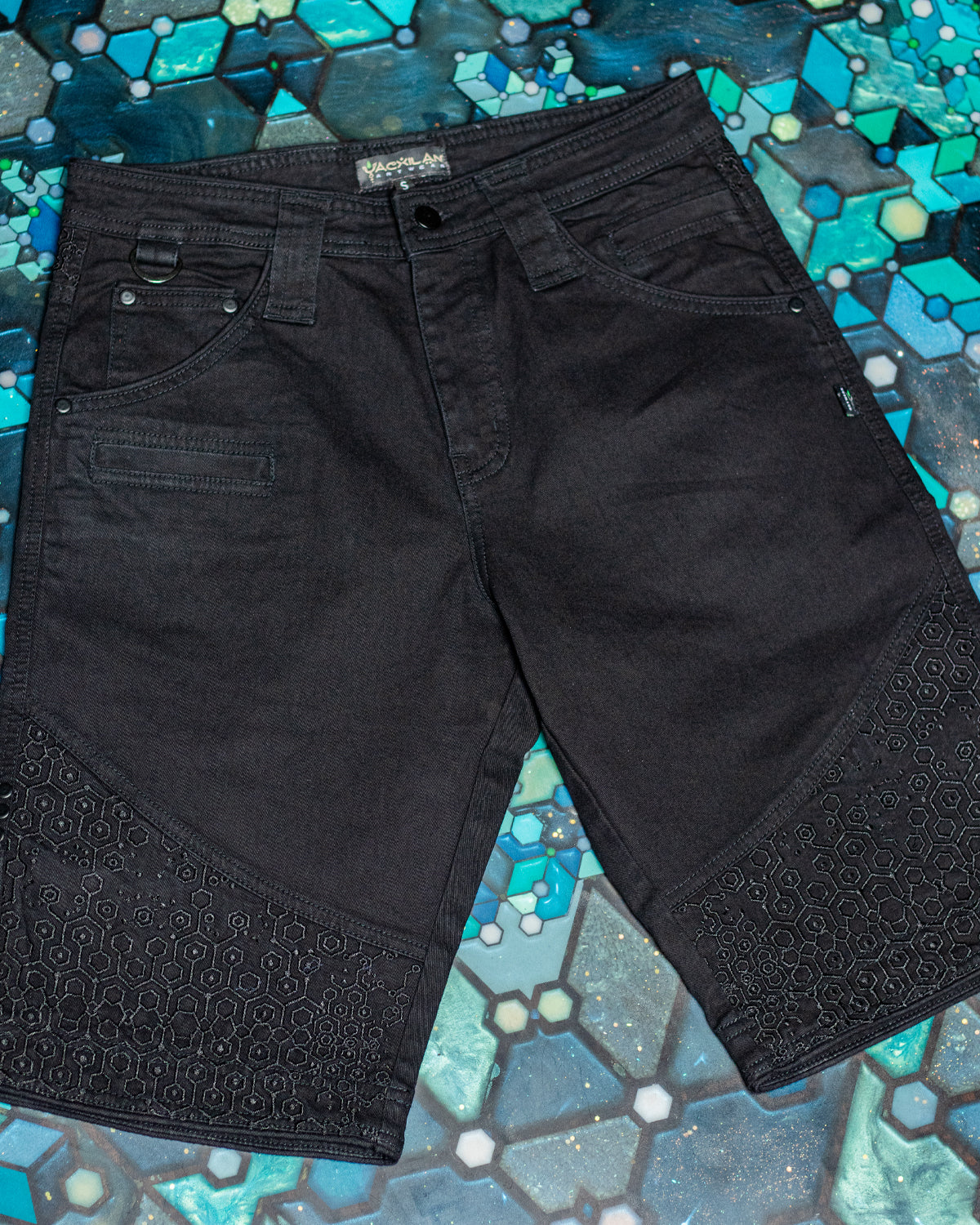 Flying Short Men / Stretchy Denim Digital Embroidery - Black KAMBOZII