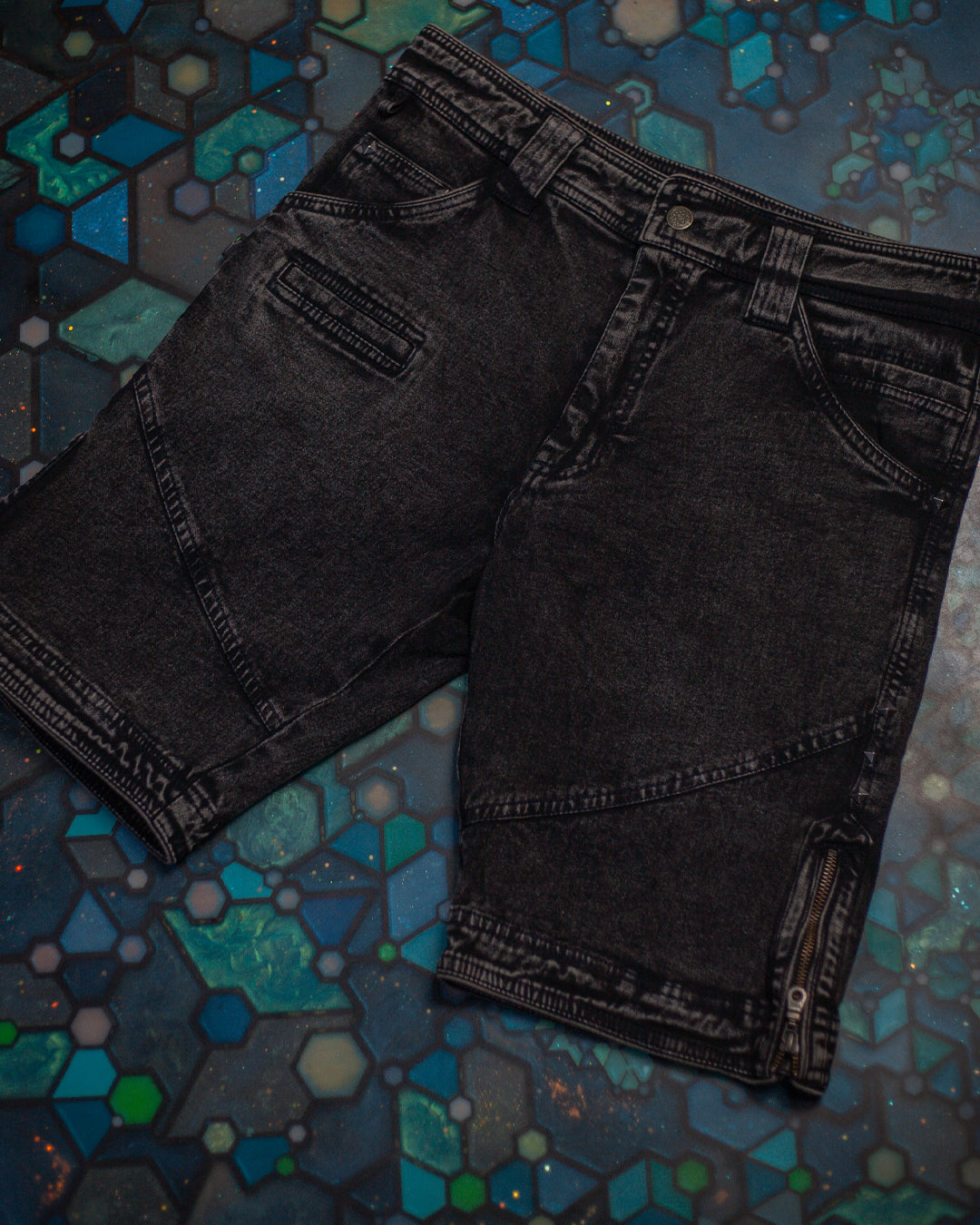 Flying Short Men / Stretchy Denim Dyed Stoneblasted - BLAK STONEBLAST