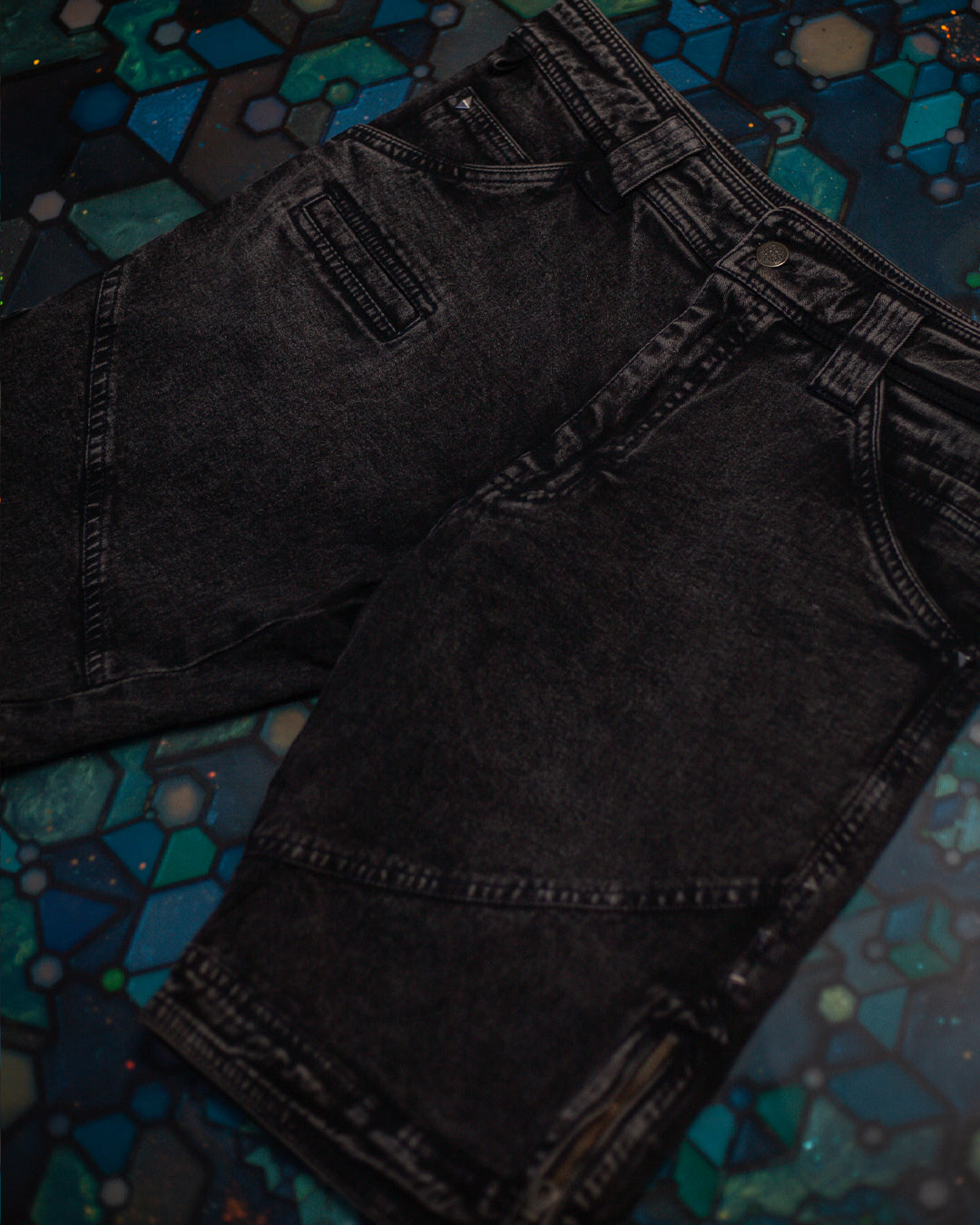 Flying Short Men / Stretchy Denim Dyed Stoneblasted - BLAK STONEBLAST