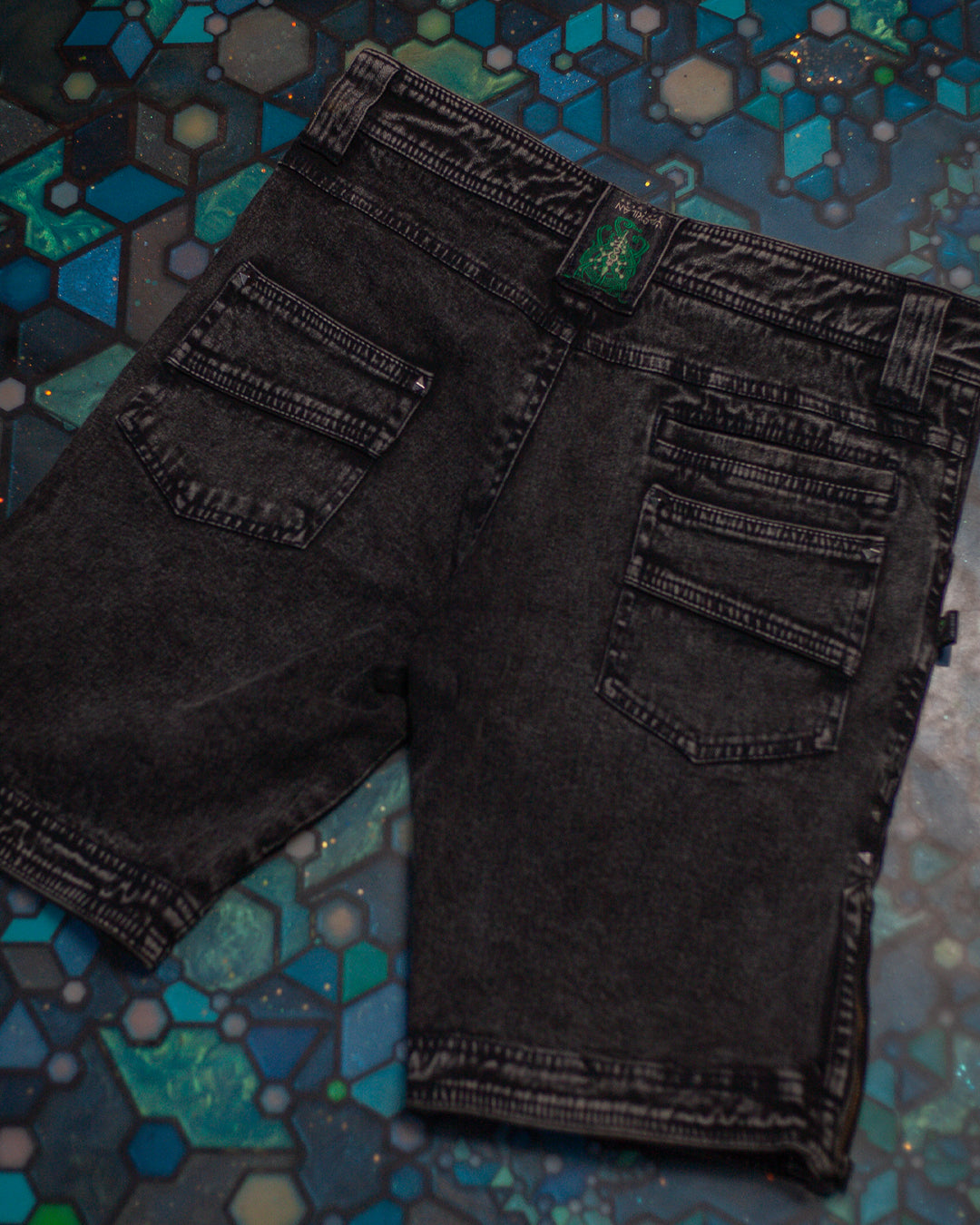 Flying Short Men / Stretchy Denim Dyed Stoneblasted - BLAK STONEBLAST