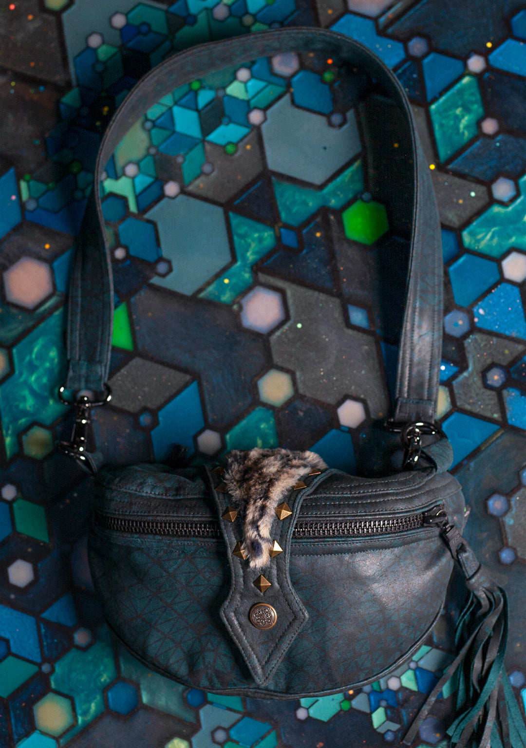 Hand Bag / Fake Leather Leopard Fur - Bottlegreen DESINTEGRATION