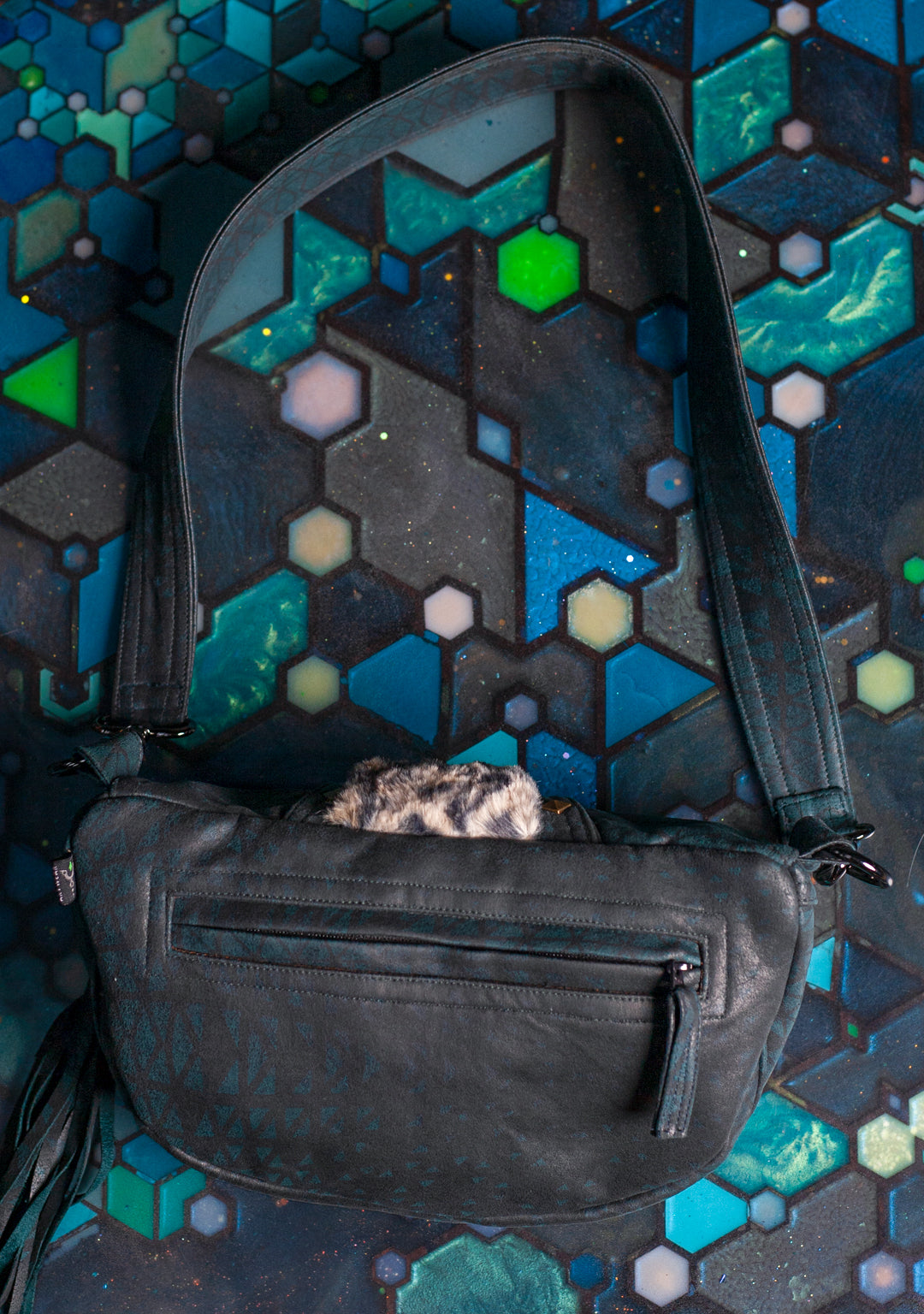 Hand Bag / Fake Leather Leopard Fur - Bottlegreen DESINTEGRATION