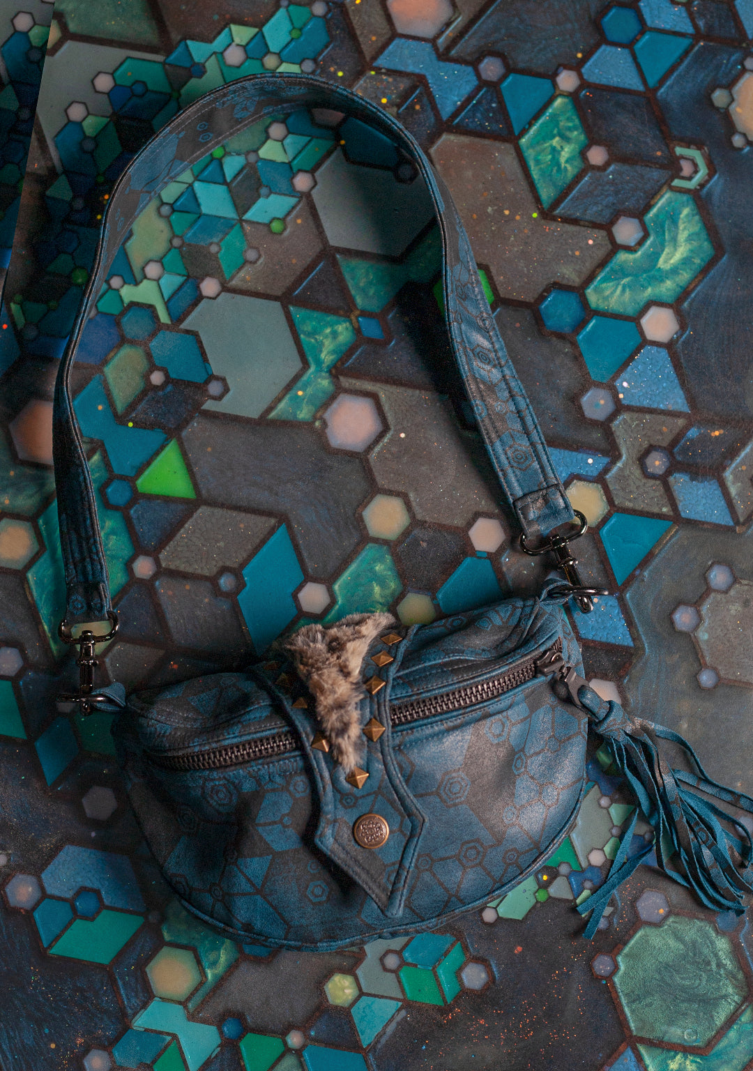 Hand Bag / Fake Leather Leopard Fur - Teal SHAMANKA