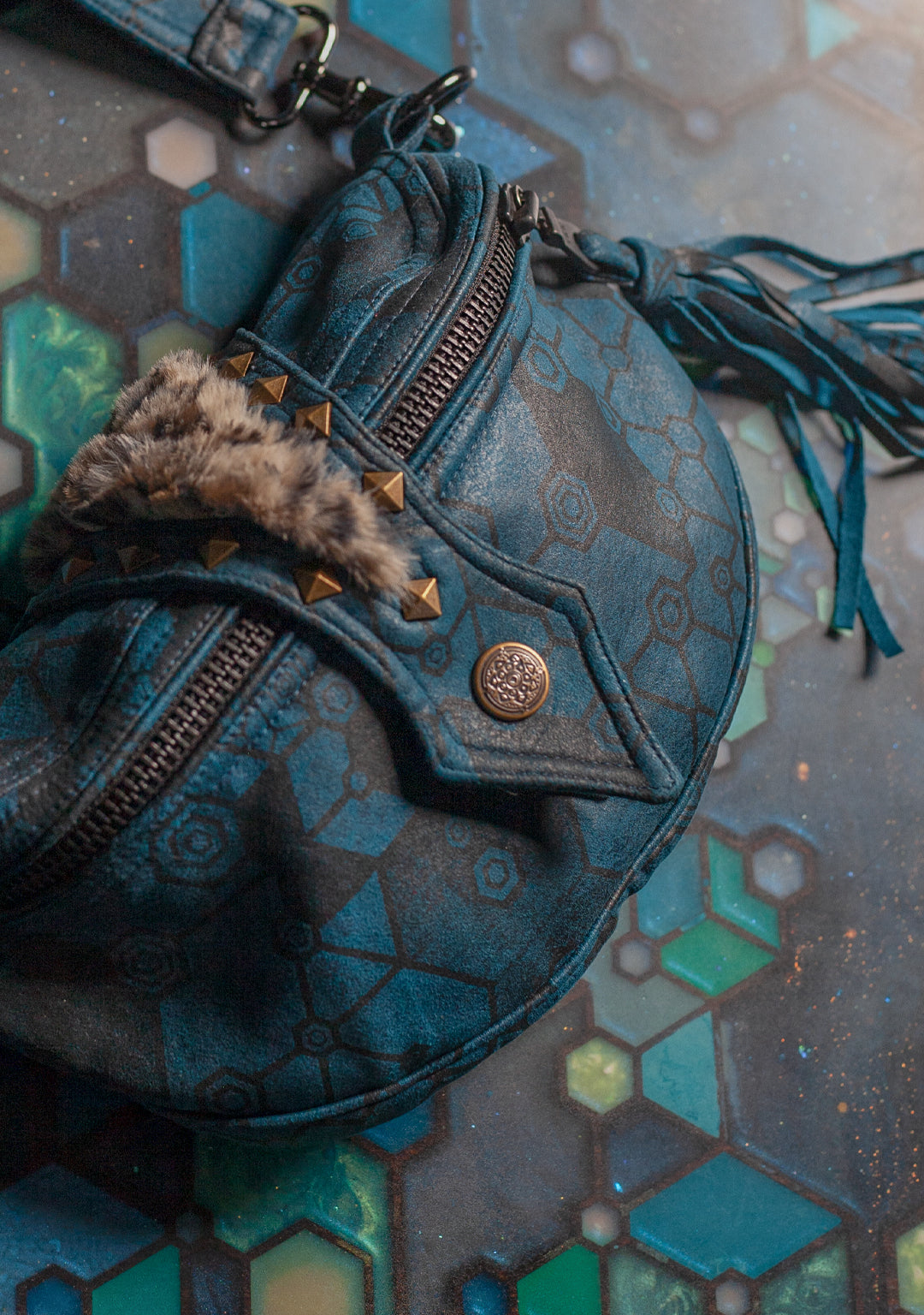 Hand Bag / Fake Leather Leopard Fur - Teal SHAMANKA