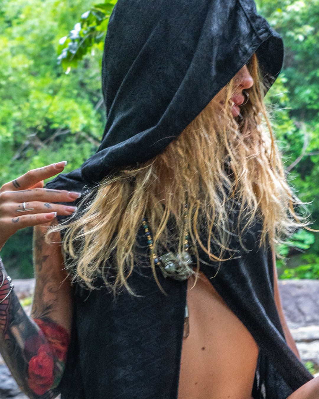 Hooded Long Dress / Bamboo - BLACK BOHONI Screeenprint
