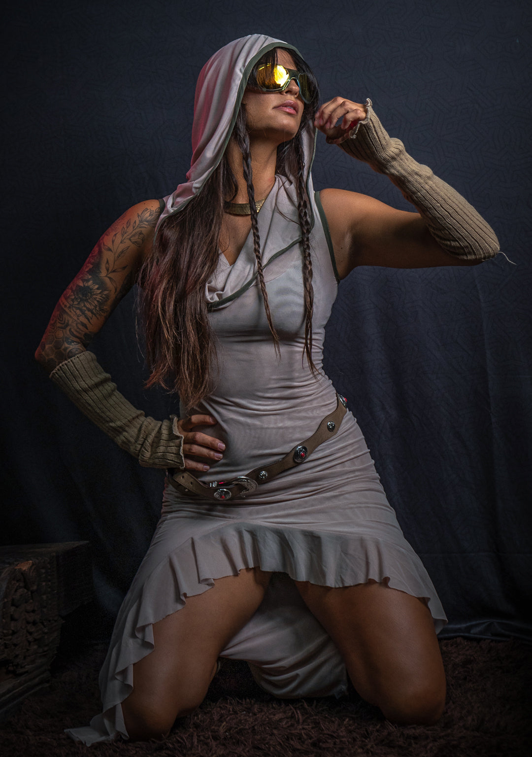 Hooded Fitted Dress / Mesh - DESERT FLOWER