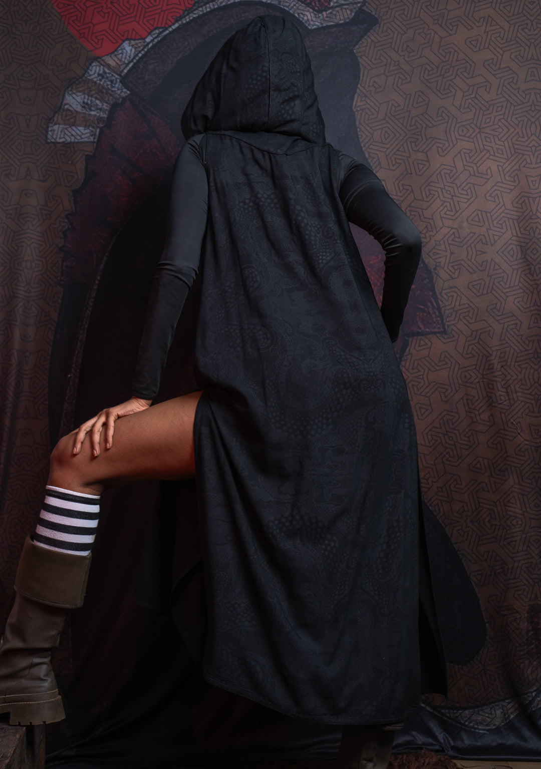 Hooded Long Dress / Bamboo - BLACK DRAGONS Screeenprint