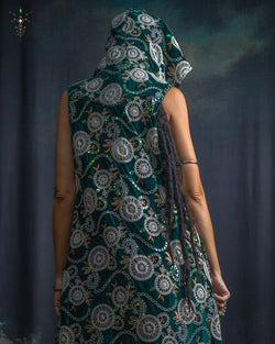 Hooded Long Dress Woman / Stretchy Velvet Embroidered - WIZARDS GREEN