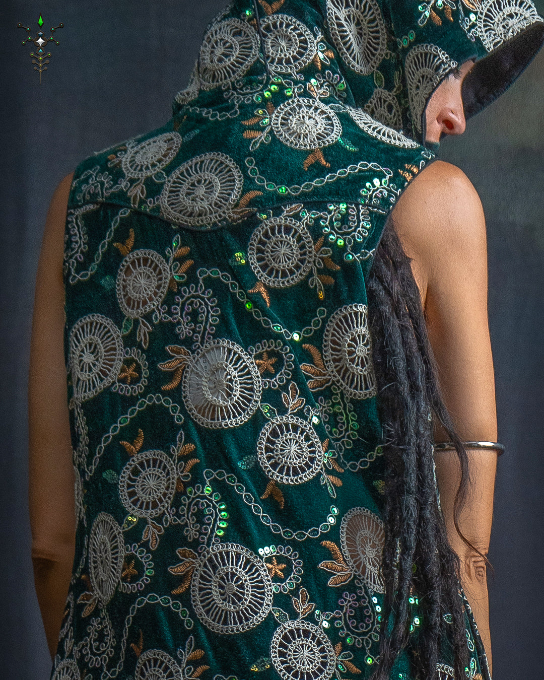 Hooded Long Dress Woman / Stretchy Velvet Embroidered - WIZARDS GREEN