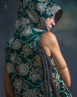 Hooded Long Dress Woman / Stretchy Velvet Embroidered - WIZARDS GREEN