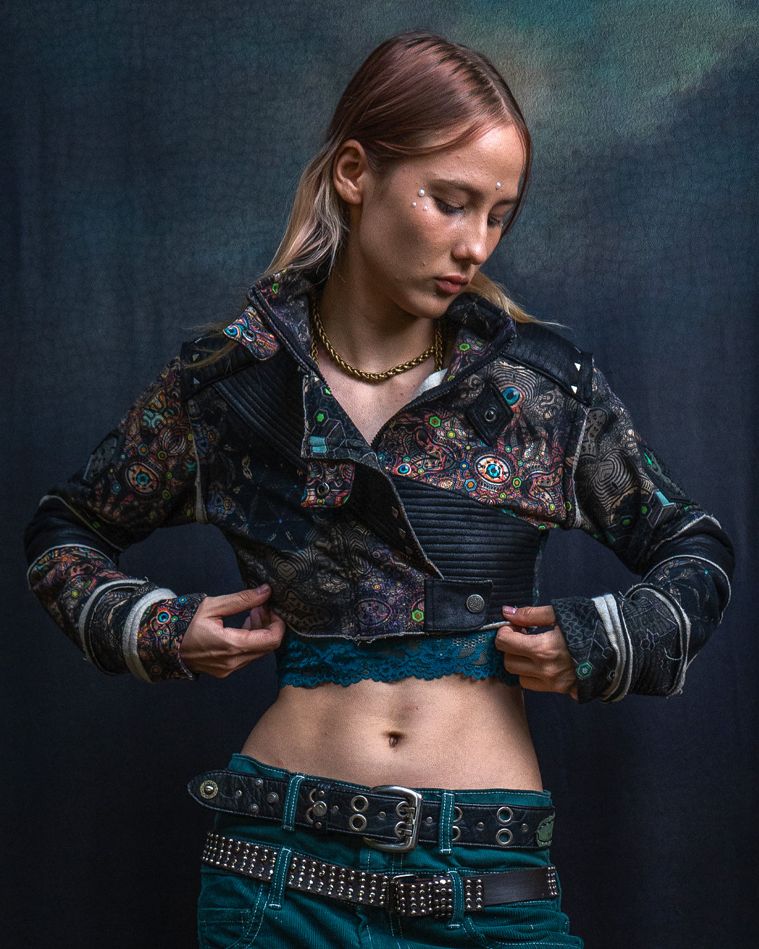 Crop Jacket Woman Neotokyo Punk / Cotton Looper Fake Leather - PSYCHEDELIKA GALACTIKA