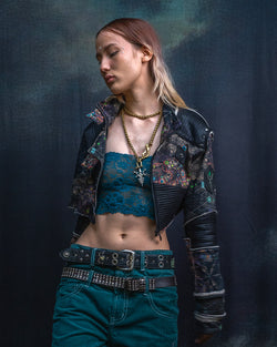 Neotokyo Punk Crop Jacket Woman / French Teri Fake Leather Patch - PSYCHEDELIKA GALACTIKA