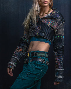 Neotokyo Punk Crop Jacket Woman / French Teri Fake Leather Patch - PSYCHEDELIKA GALACTIKA