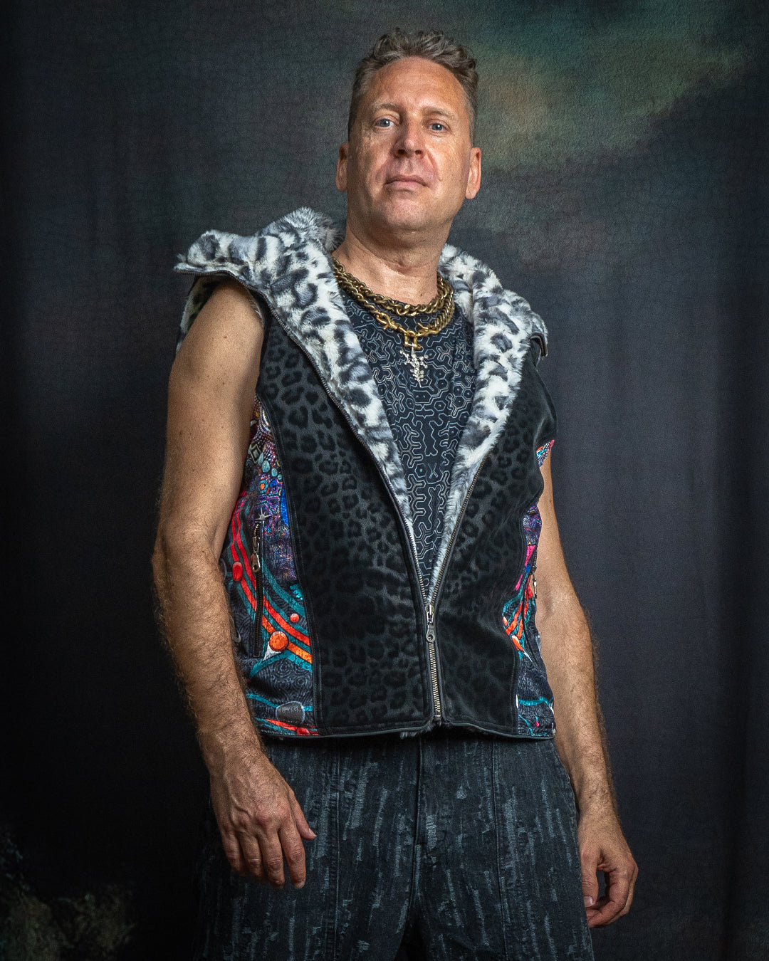 Sleeveless Jacket Men  / Satin Fake Leather Ultra Fur - NATARAJ White Leopard