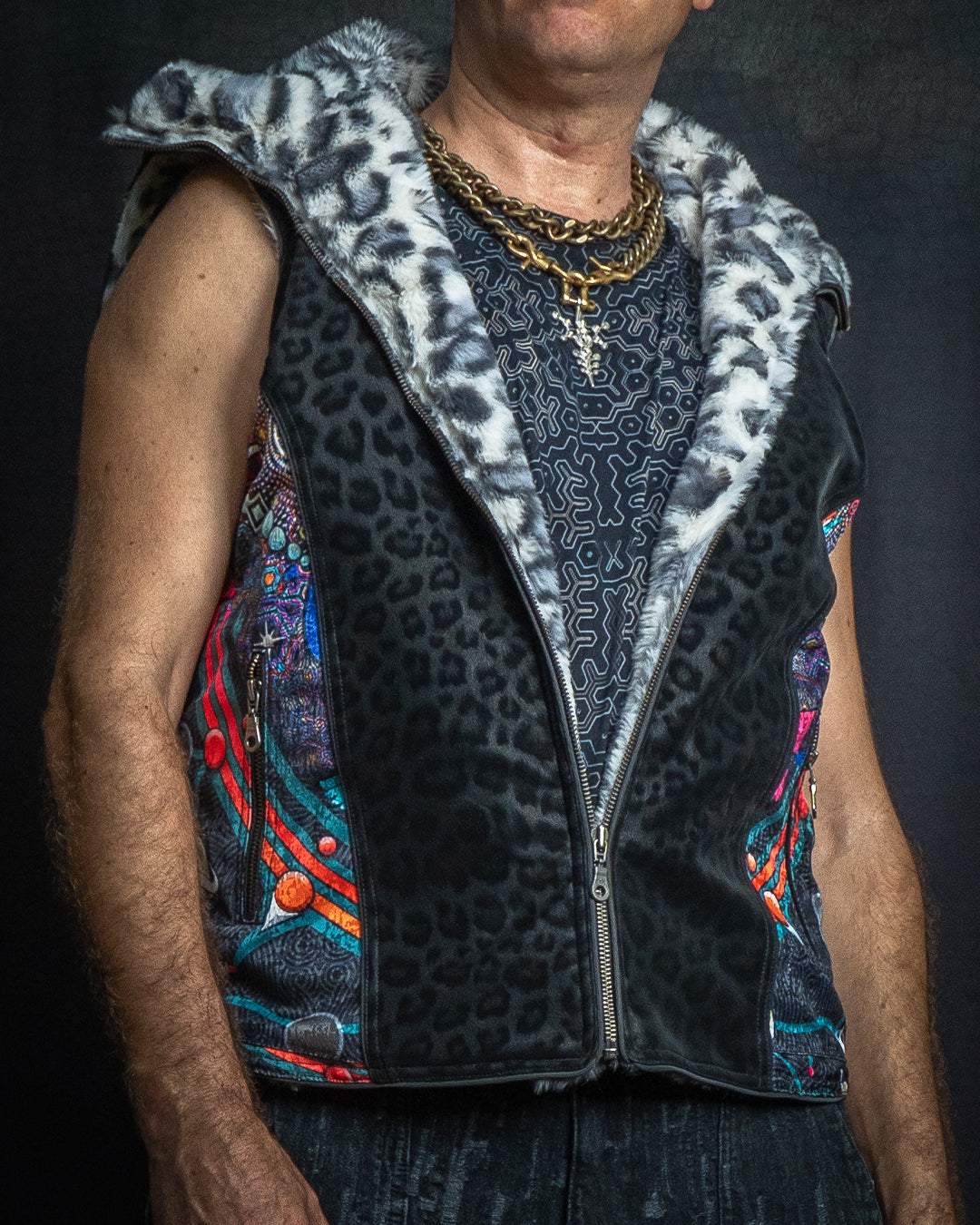 Sleeveless Jacket Men  / Satin Fake Leather Ultra Fur - NATARAJ White Leopard