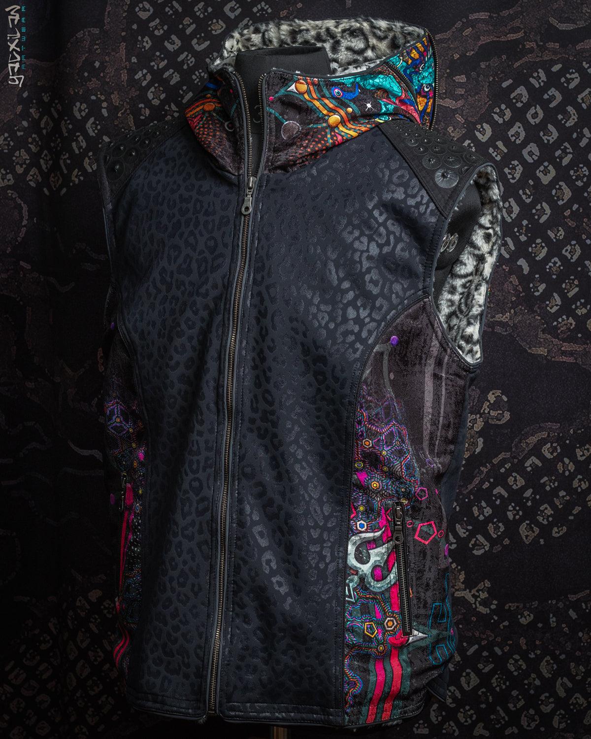 Jacket Men Sleeveless Hoodie / Unique Pieces - Black Leopard NATARAJ - Yacxilan Artwear