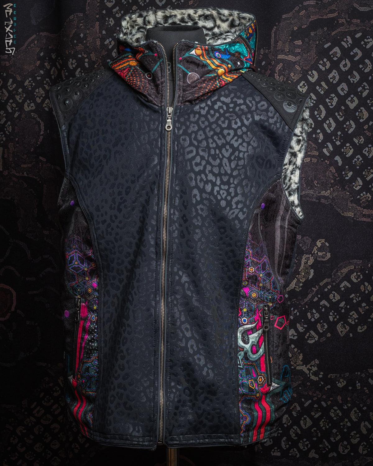 Jacket Men Sleeveless Hoodie / Unique Pieces - Black Leopard NATARAJ - Yacxilan Artwear