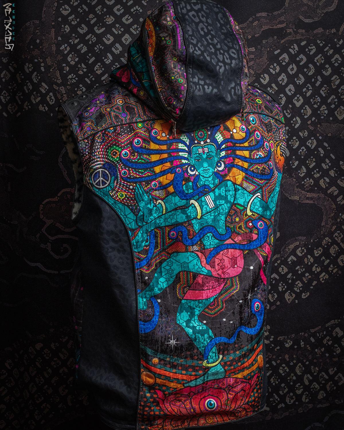 Jacket Men Sleeveless Hoodie / Unique Pieces - Black Leopard NATARAJ - Yacxilan Artwear