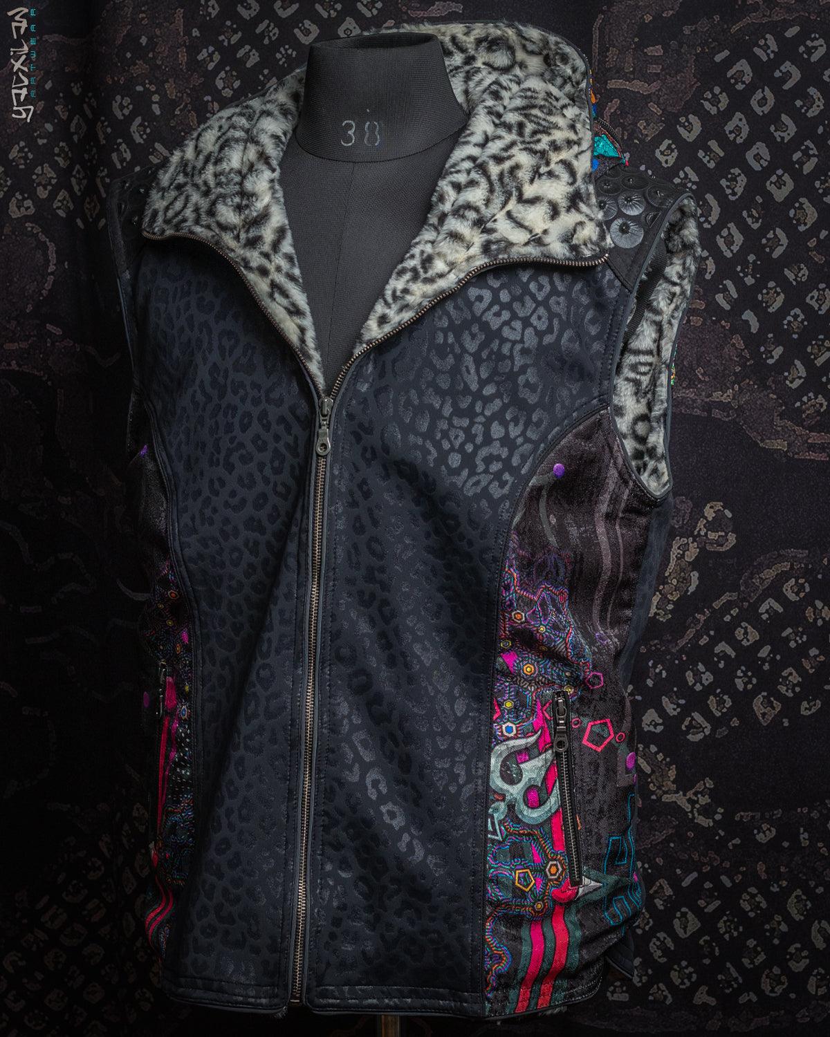 Jacket Men Sleeveless Hoodie / Unique Pieces - Black Leopard NATARAJ - Yacxilan Artwear