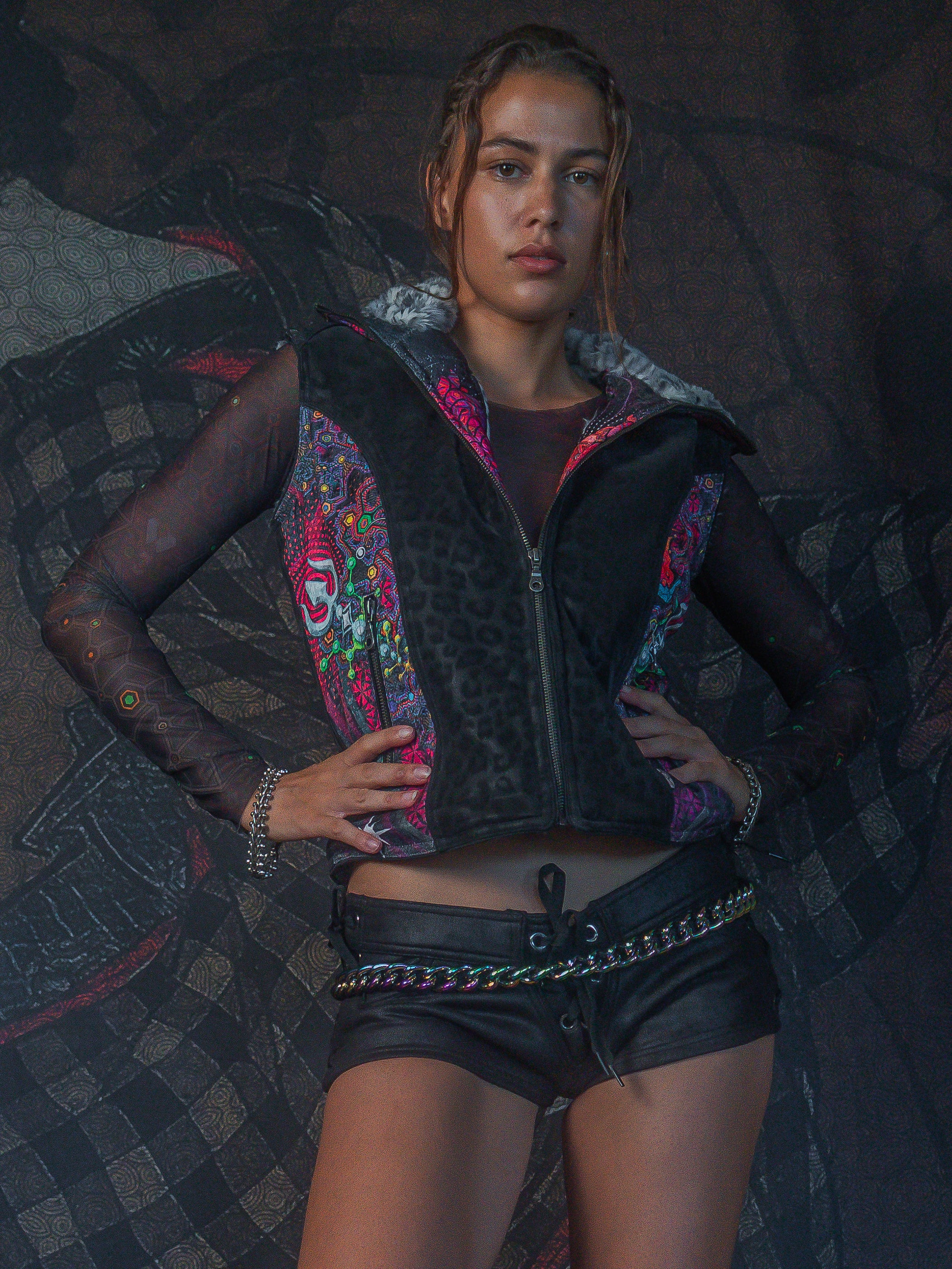 Sleeveless Jacket / Satin Fake Leather Fur - NATARAJA