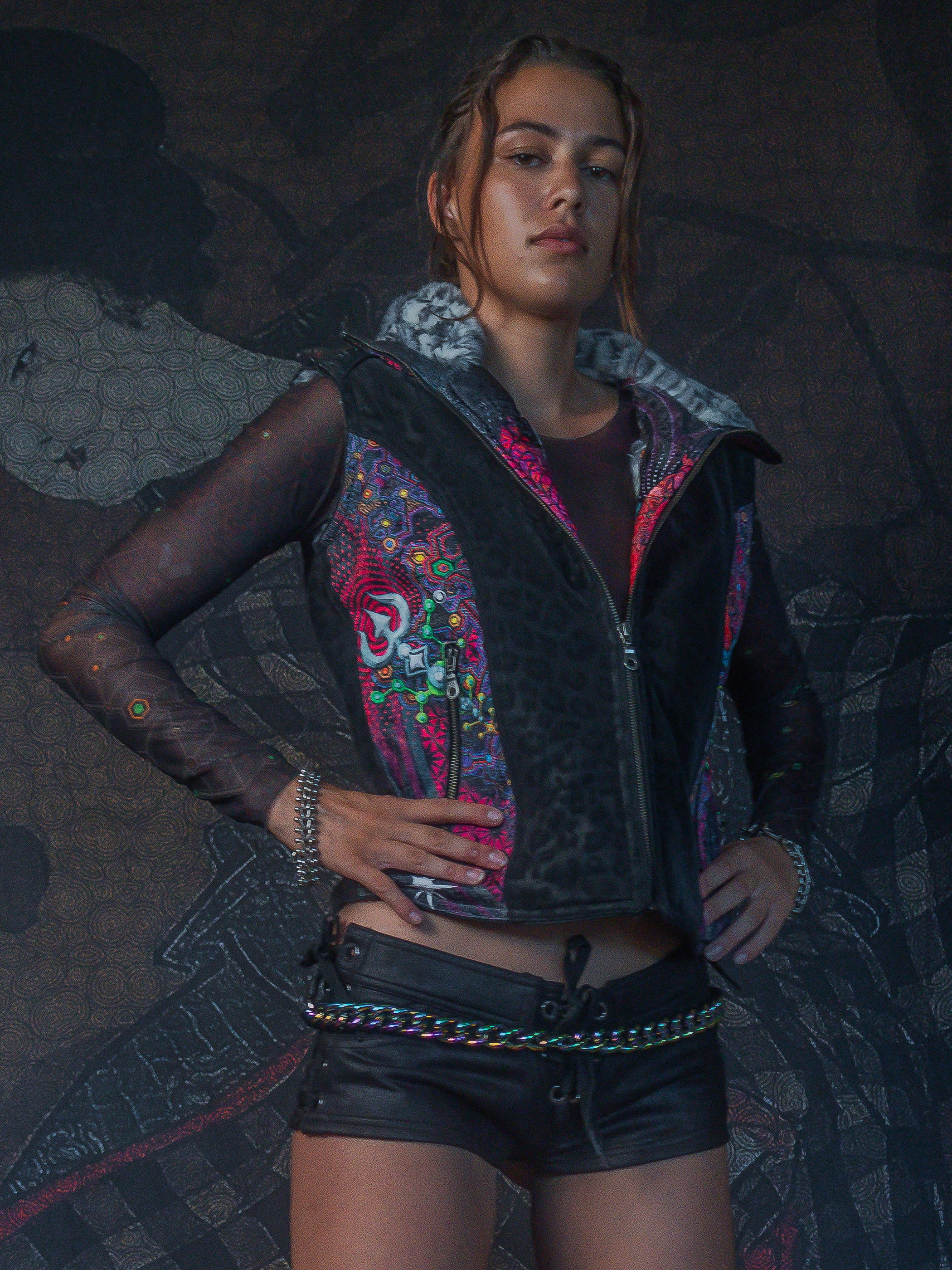 Sleeveless Jacket / Satin Fake Leather Fur - NATARAJA