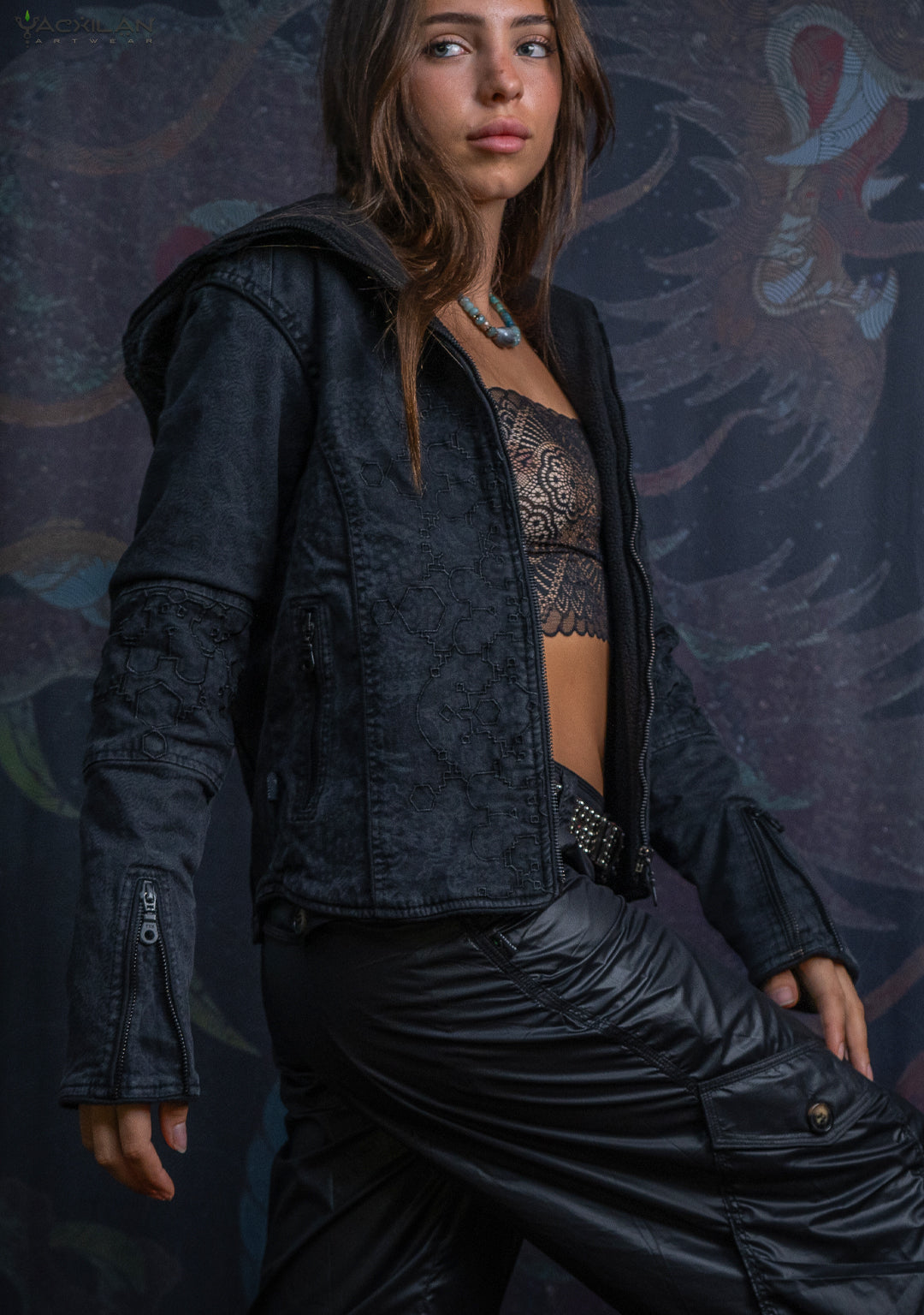 Hooded Jacket Woman / Denim Laser Print Digital Embroidery - DRAGONS IKARO