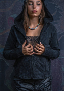 Hooded Jacket Woman / Denim Laser Print Digital Embroidery - DRAGONS IKARO