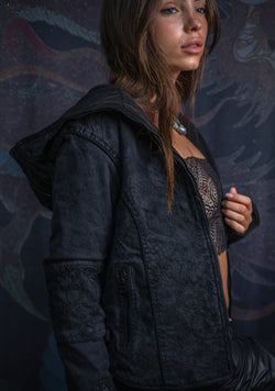 Hooded Jacket Woman / Denim Laser Print Digital Embroidery - DRAGONS IKARO