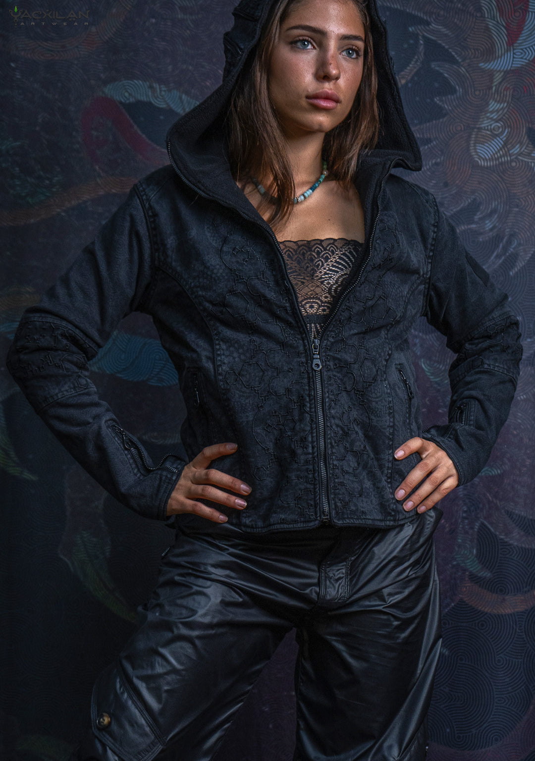 Hooded Jacket Woman / Denim Laser Print Digital Embroidery - DRAGONS IKARO