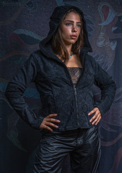 Hooded Jacket Woman / Denim Laser Print Digital Embroidery - DRAGONS IKARO