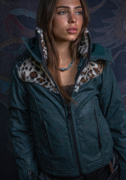 Hooded Jacket Woman / Fake Leather Fur - Bottlegreen Elephant SHAMANKA Leopard