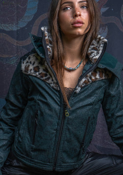 Hooded Jacket Woman / Fake Leather Fur - Bottlegreen Elephant SHAMANKA Leopard