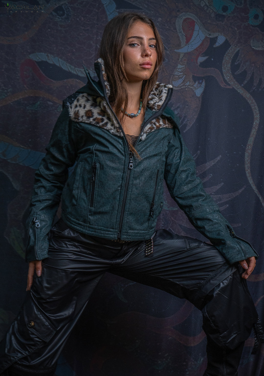 Hooded Jacket Woman / Fake Leather Fur - Bottlegreen Elephant SHAMANKA Leopard