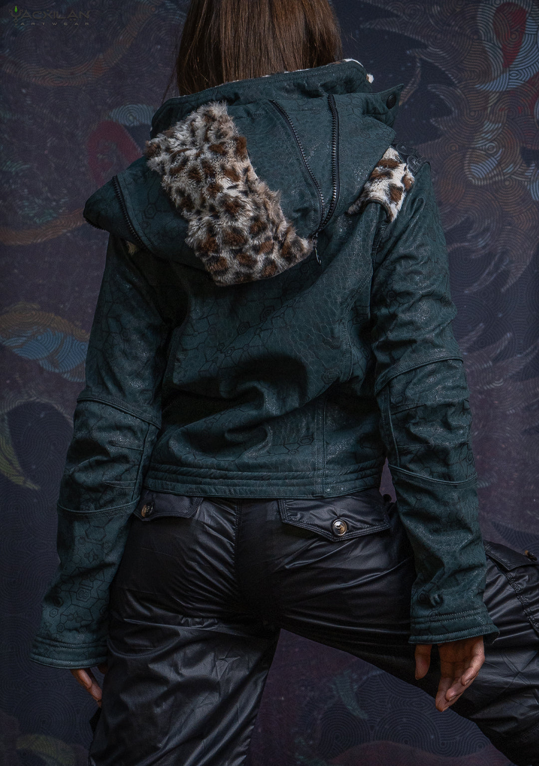 Hooded Jacket Woman / Fake Leather Fur - Bottlegreen Elephant SHAMANKA Leopard