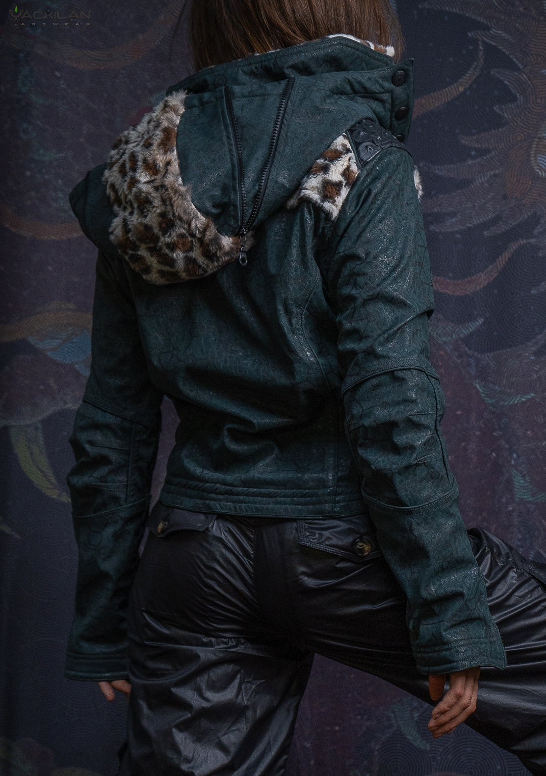 Hooded Jacket Woman / Fake Leather Fur - Bottlegreen Elephant SHAMANKA Leopard