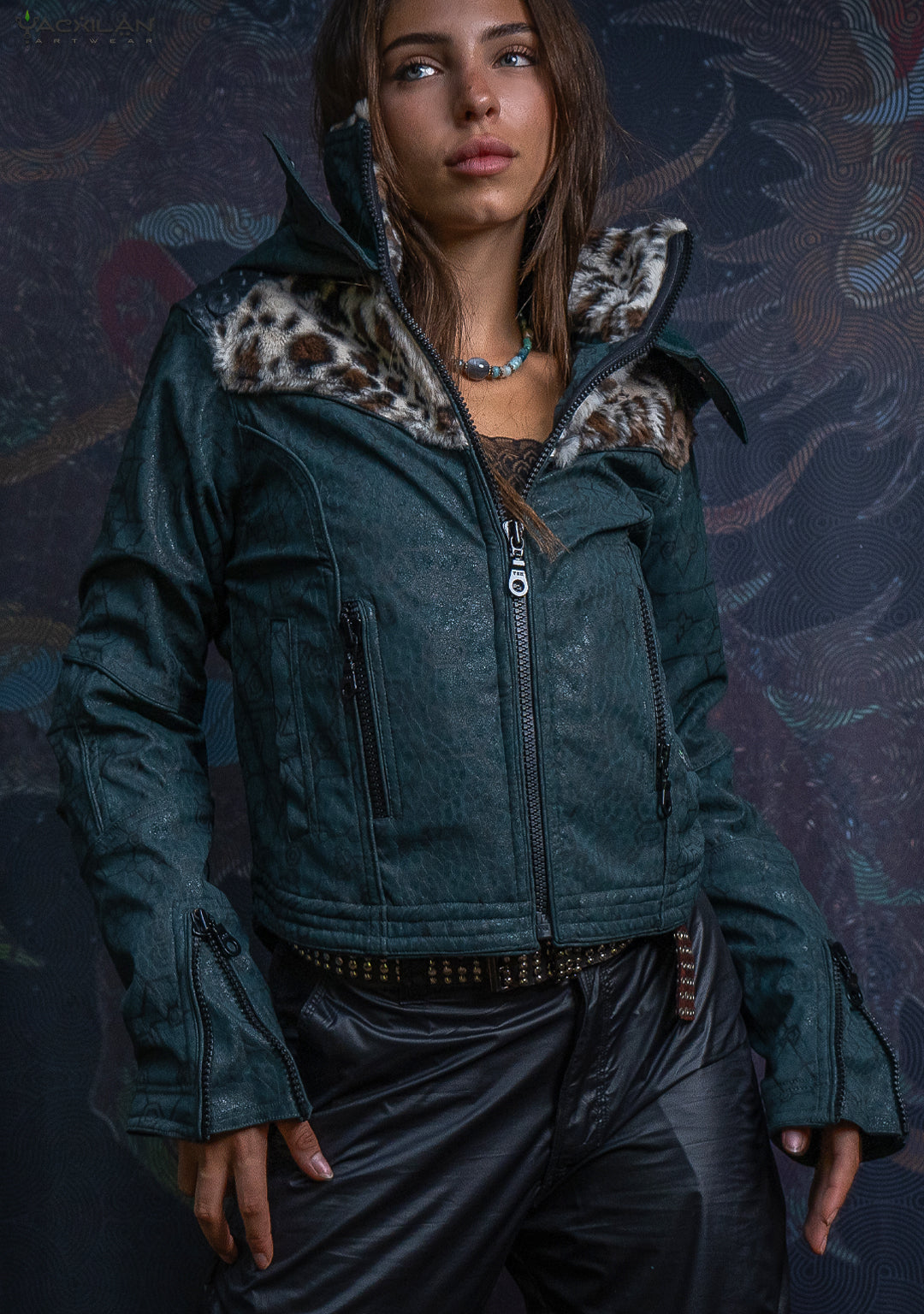 Hooded Jacket Woman / Fake Leather Fur - Bottlegreen Elephant SHAMANKA Leopard