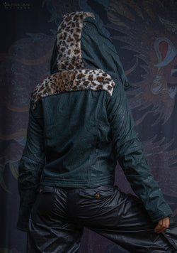 Hooded Jacket Woman / Fake Leather Fur - Bottlegreen Elephant SHAMANKA Leopard